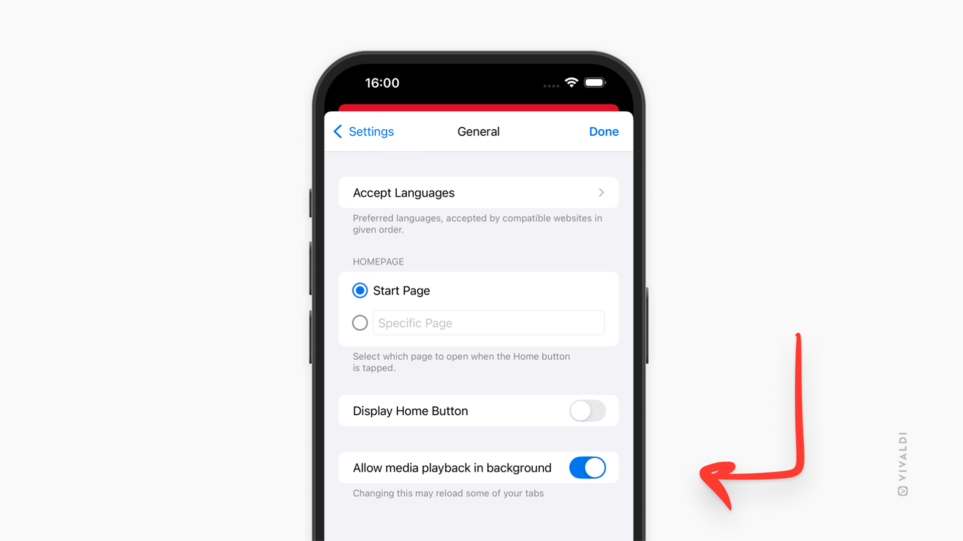 Общие настройки Vivaldi на iOS. Стрелка указывает на настройку «Разрешить фоновое воспроизведение».